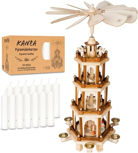 BRUBAKER Weihnachtspyramide inkl. 50er Pack Pyramidenkerzen Weiß - Große 4-stöckige Holzpyramide mit Holz Figuren Handbemalt - 60 cm Pyramide Weihnachten - Drehbare Tischpyramide - Natur