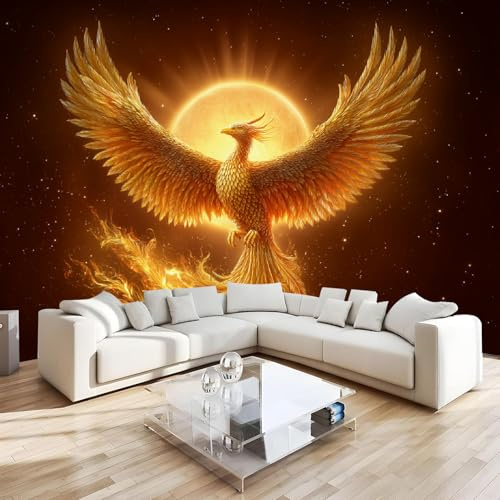 Fototapete Goldener Phönix 200x140 cm Vlies Wandtapete Tapete 3D Effekt Sonne Wandtattoo moderne Wand Schlafzimmer Wohnzimmer
