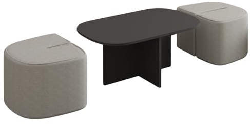 Stilvolles Couchtisch-Set (3-teilig), Anthrazit, 90 x 42,9 x 45 cm | 100% melaminbeschichtet, 18 mm Stärke | Modernes Design mit Poufs