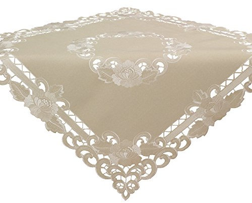 Quinnyshop Weiße Blumen Durchbruchsstickerei Mitteldecke ca. 85 x 85 cm Eckig Leinen-Optik, Beige