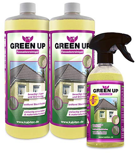KABITEC GREEN UP Fassadenreiniger Set bestehend aus 2x 1000 ml GREEN UP + 1x 500 ml GREEN UP gebrauchsfertig KOSTENLOS │ Grünbelagentferner Algenentferner mit Langzeiteffekt Stockfleckenentferner