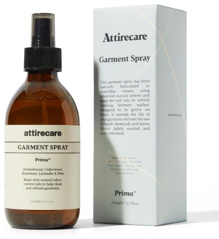Attirecare Fabric Freshener Spray (250ml), Sandalwood, Cedarwood & Lavender | Plant-Based Ingredients, Fabric Refresher Spray, Neutralises Odours, Refillable Glass Bottle, Supports Longevity of Garments