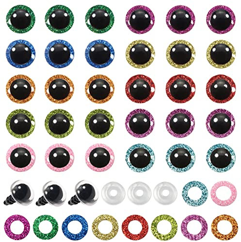 TOAOB 120 Stück 10mm Sicherheitsaugen Puppenaugen Tieraugen Kunststoff Bastel Augen Glitzer Bunt Augen mit Unterlegscheiben für Häkeltiere Marionette Puppenherstellung