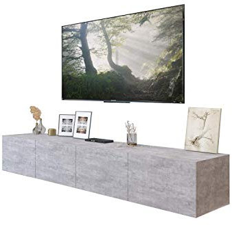 lukmebel Colgante TV-Ständer Doppelschrank mit Push-to-Open-Mechanismus Wandmontage Glatte Minimalistische Front aus Laminierter Platte 40x200x36 cm Beton/Beton