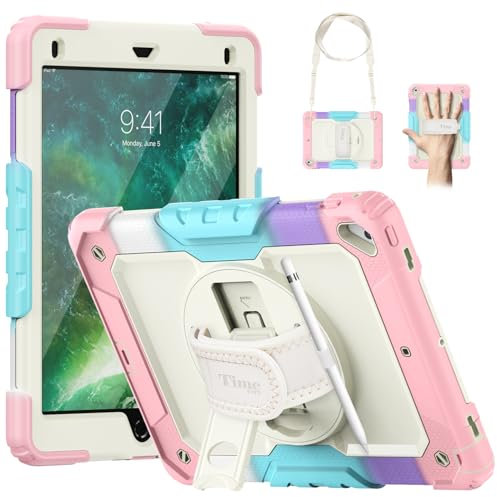 Timecity Case Compatible with iPad 6th/5th Generation,9.7 Inch 2018/2017 Case with Rotating Stand/Strap Full-Body Silicone+PC Protective Case Replacement for iPad 5th/6th Gen-Rosa Tarnfarbe