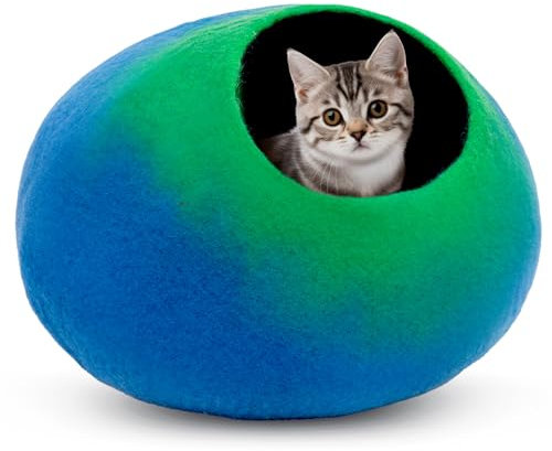 Woolygon Woolygon Katzenhöhle, mittelgroß, handgefertigt aus 100% Merinowolle, umweltfreundliche Katzenhöhle aus Filz für Hauskatzen und Kätzchen, Smaragd auf Indigo