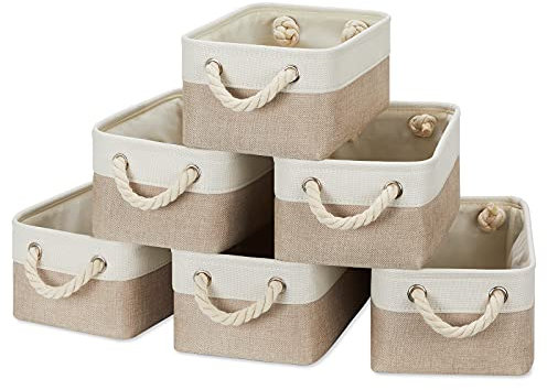 Temary Kleine Aufbewahrungskörbe aus Stoff, dekorative Körbe für Geschenke, leer, faltbar, mit Griffen, zur Organisation im Regal, von Handtüchern, 6 Stück, Weiß und Khaki, ca. 30 x 20 x 13,5 cm (L x