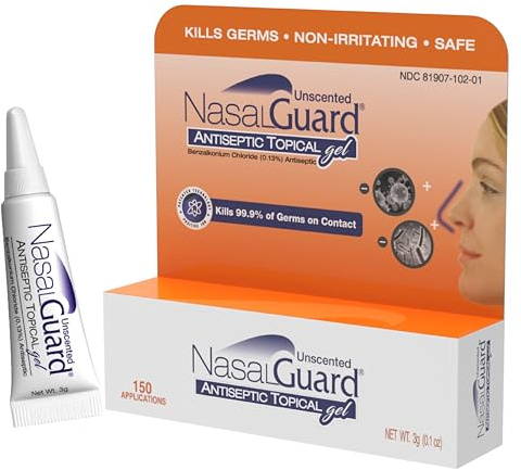 NasalGuard Nasal Antiseptic Gel | Helps Kill 99.9% of Germs Around the Nose | Alcohol-Free, Moisturizing, Daily Use | Drug-Free Protection | 150+ Applications (Unscented, 3g)