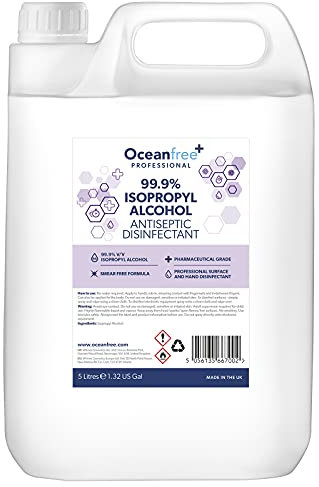 99.9% IPA Disinfectant Rubbing Isopropyl Alcohol - 5L Litre - Kills 99% Bacteria, Germs - Sanitiser Sanitizer (Single)