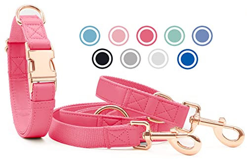 Weich Leder Hundehalsband und Leine (2m) Set - 3-Fach Verstellbar Hundeleine mit Halsband, Stilvollen Rose Gold Metall Schnalle & Nylon Hund Leinen für Welpen Kleine Mittlere Große Hunde RoseRosa,M