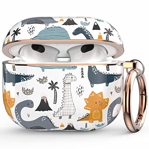 wenew Case Cover kompatibel mit Apple Airpods 3, Hard Case Cover mit süßen Mustern und Schlüsselanhänger für Mädchen, Kinder, Frauen, Männer (Dinosaurier)