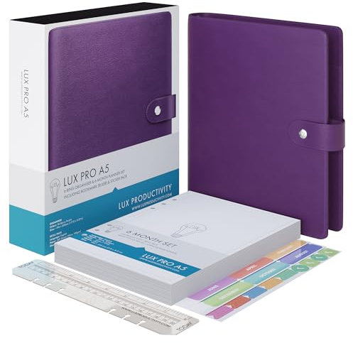 LUX PRO A5 – Tagesplaner & Terminkalender – Dankbarkeits-Tagebuch, Wellness-Tagebuch & undatierte Wochenplaner und Organizer – Schreibtisch-Tagebücher für Damen und Herren – LUX Productivity (Purple
