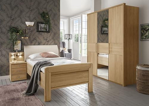 WIEMANN Kiruna Bett, Einzelbett, Bettgestell 120 x 200 cm, Eiche, Futonbett, Komforthöhe, Polster-Kopfteil, Kunstleder