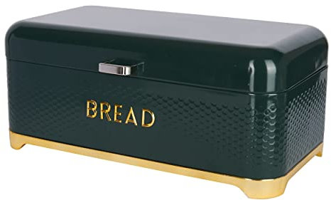 KitchenCraft Textured Large Bread Bin with Lid, Ventilated Design, 41.5 x 20 x 18cm – Hunter Green & Gold