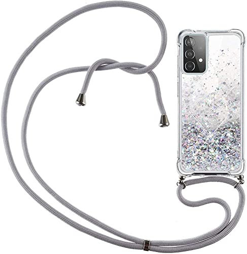 CaseLover Handykette Handyhülle für Samsung A13 4G, Glitzer Flüssig Bewegende Treibsand Transparent Silikon Case mit Kordel zum Umhängen Necklace Hülle mit Band für Samsung Galaxy A13 4G, Silber Grau