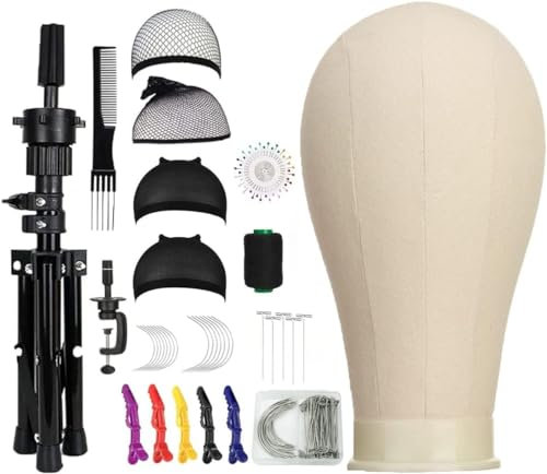 SZCY 22 Inch Canvas Block Head Mannequin Wig Head, Stand Tripod with Display Styling Manikin Set for Wigs Making Caps, T+C Pins Set&Brush, 22inch white