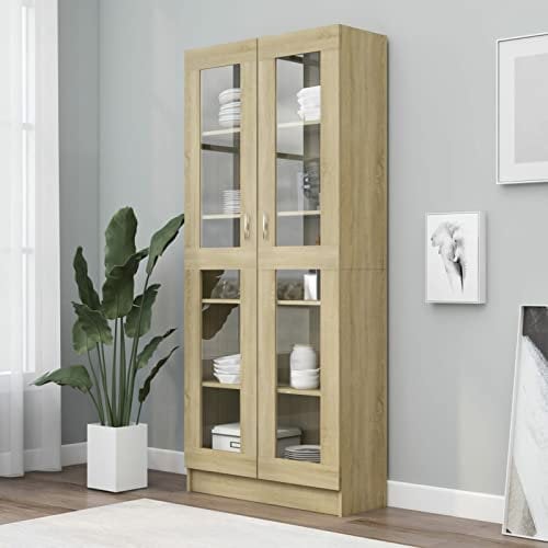 RONGQI Vitrinenschrank, Vitrine, Wandschrank, Schrank Regal, Glasregal, Glasvitrine Stehend, Eckvitrine, Manga Regal, Sonoma-Eiche 82,5x30,5x185,5 cm Spanplatte