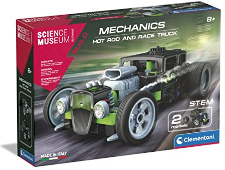 Clementoni - Science Museum Mechanics: Hot Rod & Rocket Truck Bauset, 2 Modelle in 1, bewegliche Getriebe, STEM-Lernspielzeug für Kinder (8+ Jahre)