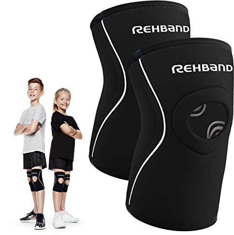 Rehband Kniebandage Kinder mit Patellaöffnung, stabilisierende Neopren Kniebandage für hohe Stabilisation der Kniescheibe für Mädchen & Jungs 5mm Neopren, Color:Black - Pair, Size:S