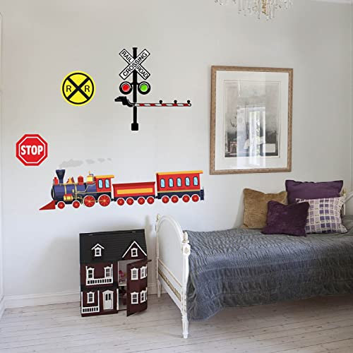 PLIGREAT Bunte Zug Wandtattoo Abnehmbare Eisenbahn Überqueren Zeichen Wandtattoos Cool Trainhead Wandtattoos Für Jungen Schlafzimmer Spielzimmer Kinderzimmer Cartoon Zug Spiel Theme Aufkleber