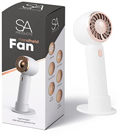 SA Products Mini Handheld Fan - Low Noise 3-Speed Hand Fan - USB Rechargeable Mini Desk Fan with Base Stand - Stylish Portable Personal Fan for Travel, Camping, Indoor & Outdoor Use - 14x5x3cm (White)