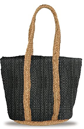 Banzaii sac de paille pour femme, sac à bandoulière coloré, sac d’été, sac de plage entièrement fait à la main Santorin Noir