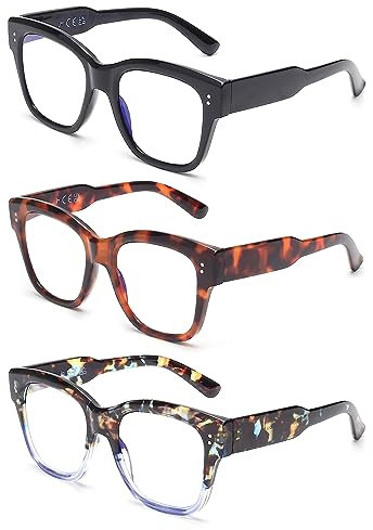JM 3er-Pack übergroße Quadratische Lesebrille, Brille Blaulichtfilter Damen Computerleser