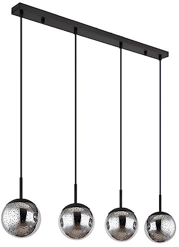 Hängeleuchte Kugel schwarz Pendelleuchte Esstisch Rauchglas Hängelampe Glas Retro, Sternen-Effekt, 4x E27 Fassung, LxBxH 90x15x120 cm