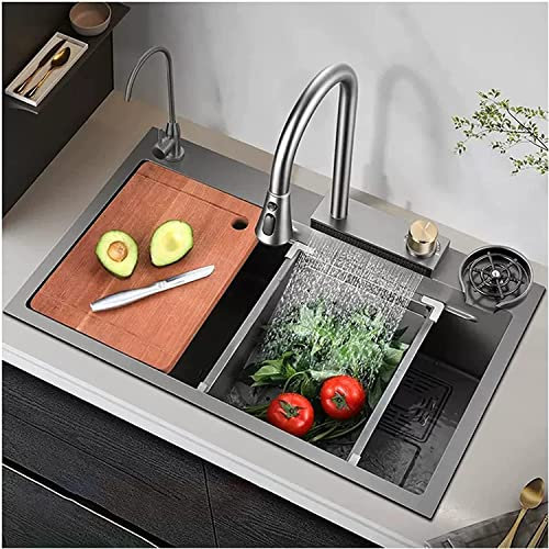 304 Edelstahl Küchenspüle,Raindance Wasserfall Spüle,Schwarz Einzel Schüssel Waschbecken Multifunktions-Nano RV Spüle mit ausziehbarem Wasserhahn Top Mount oder Unterbau,80x45×22cm