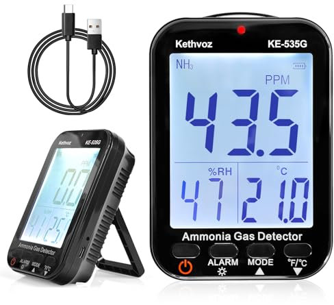 Ammoniagasdetektor, Kethvoz Luftqualitätsmesser überwachen von NH3 Ammoniak Gas im Innenbereich 0~100 PPM, Luftfeuchtigkeit und Temperatur, Wiederaufladbarer Ammoniak Gasdetektor Alarm 535G