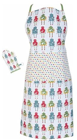 Clayre & Eef - Schürze & Ofenhandschuh - Roboter - 100% Baumwolle - 70x85cm/16x30cm, multi-color, Maat