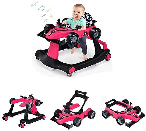 DREAMADE Lauflernhilfe, 4 in 1 Autoförmiger Lauflernwagen mit einstellbarer Geschwindigkeit, Musik & Licht, Babywalker Höhenverstellbar & Klappbar, Gehfrei Baby ab 6 Monate (Rosa)