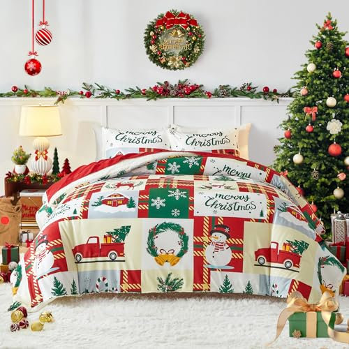 Weihnachts-Flanell-Fleece-Sherpa-Bettwäsche-Set, 3-teilig, Queen-Size-Größe, Schneemann, Schneeflocke, Hirsch, Patchwork, Karomuster, Daunen-Alternative, ultraweiches und warmes Bettwäsche-Set für den