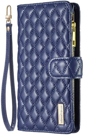 Wallet Case fit for iPhone 15 Plus | 9 Card Holder Slots Zipper Pocket Handbag Case | PU Leather Magnetic Closure Kickstand with Wrist Strap TPU Shockproof Flip Case | Blue