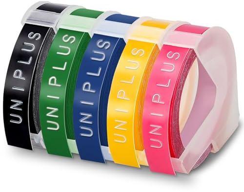 UniPlus Compatible Omega Label Tape Replacement for Embossing Tape 9mm 3D Labels Black Blue Pink Green Yellow for Omega S0717930 Junior S0717900 Embossing Label Makers 5-Pack