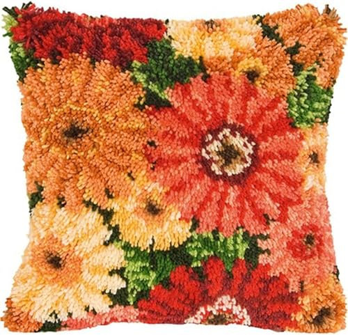 ZFFLYH Latch Hook Kits DIY Throw Pillow Cover Sofa Cushion Cover Cushion Cover Embroidery Craft Kit for Adults And Beginners Pattern Printed Canvas Creativity Crochet Gift 17X17 Inch,Flower