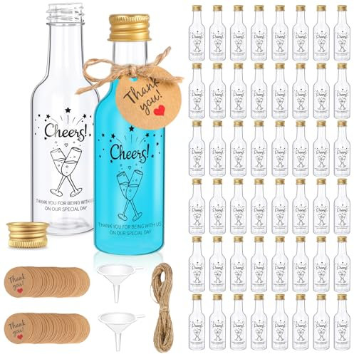 OurWarm 50 Pack Mini Liquor Bottles, 1.7oz/50ml Mini Shot Bottles with Gold Screw Caps Funnels Tags & Twines, Empty Wine Bottles for Juice Alcohol Homemade Liquor Birthday Wedding DIY Party Favors