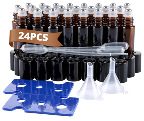 FWEEK 24 Stück Roll on Rellenable para Aceites Esenciales 10ml, Frascos de Vidrio Ámbar Oscuro Antiluz con Rollon, 24 Botellas Roll on 10 ml Incluye Embudos y Abridor, Sin BPA, Antifugas, Portátil