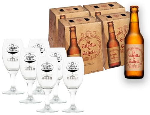 La Estrella de Galicia 4 packs de cerveza x 6 botellas de 33 cl + Juego de 6 copas Atlánticas de Estrella Galicia Originales
