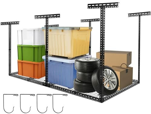 Rengue Overhead Garage Storage Rack 4 x 8FT Height Adjustable Garage Ceiling Storage Racks Organization System Heavy Duty Cold Rolled Steel Storage Rack for Garage, Warehouse with Hooks