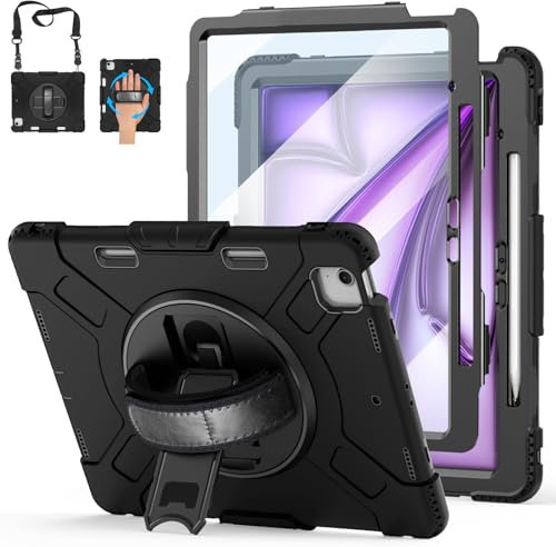 Gralifcare Hülle für iPad Air 13 Zoll (2025/2024) M3/M2: Robuste, Stoßfeste Hülle in Militärqualität für iPad Air 13 mit Stifthalter, Displayschutzfolie, Drehbarer Ständer/Griff/Schultergurt-Schwarz