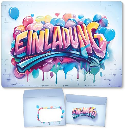beriluDesign 12 Einladungskarten mit Umschlägen Kindergeburtstag Graffiti für Junge & Mädchen - Geburtstagseinladung