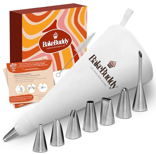 BakeBuddy Premium Spritzbeutel Set (11-teilig) - 35cm Baumwolle Spritzbeutel mit Tüllen aus Edelstahl zum Dekorieren von Torten, wiederverwendbar und spülmaschinenfest, inkl. Adapter & Geschenkbox