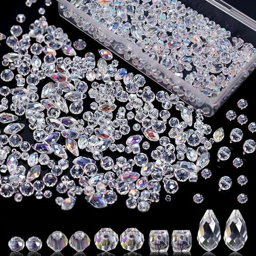 WJWINER 900 Pièces Perles de Verre en Cristal Facettes, Transparentes et Brillantes pour Bracelet Collier Bijoux Artisanat, Multiforme (4/6/8 mm)