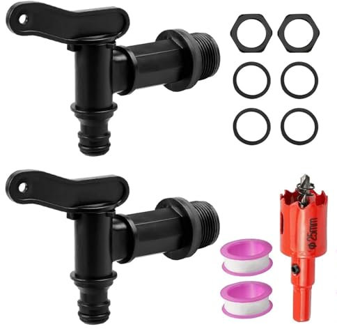 Auslaufhahn für Regentonne, 2 Stück Schwarz Kunststoff Ersatzhahn, Wasserhahn Adapter für Regentonne 3/4 Zoll mit Dichtung und Lochöffner für Heim Garten Wassertank Anschlüsse