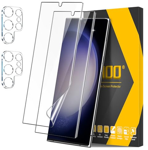 JEHOO 2+2 Pack for Samsung Galaxy S23 Ultra Screen Protector, 2 Pack Soft TPU Film with 2 Pack Camera Lens Protector,Support Fingerprint Unlock,Full Coverage Bubble Free 3D Curved Flexible Soft Film