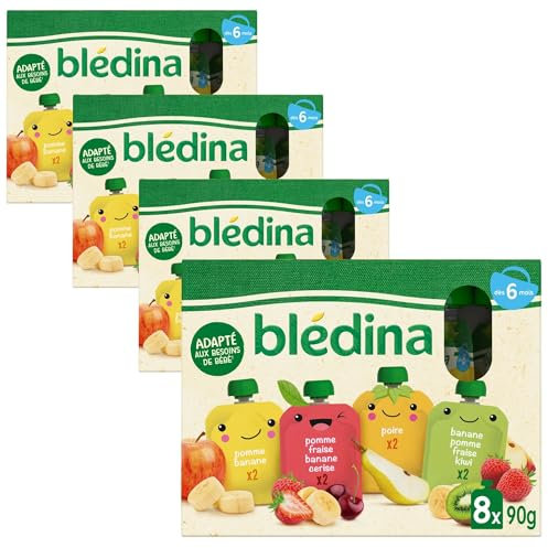BLÉDINA - Gourdes de Purées de Fruits Bébé - Pomme, Poire, Banane, Fraise, Cerise, Kiwi - dès 6 Mois - 32 x 90 g