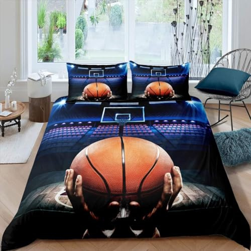 Homemissing Sport Basketball Bettbezug-Set Basketballfeld, Bettbezug 240 x 260 cm, für Kinder, Jungen, Erwachsene, 3D-Modell Basketball, Bettwäsche Basketball