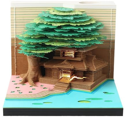 Starnearby 3D-Notizblock, 3D Kalender Abreißen 2025, 2025 Tischkalender-Notizblock mit Licht, Kreative Magic Baum Haftnotizen, Papierskulptur Desktop Ornament (Grün Baum mit Licht)