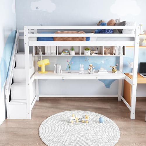 Merax Lit Mezzanine 90 x 200 cm, Lit Superposé avec Grand Bureau et Escaliers de Rangement, Lit Enfant avec Étagères de Stockage, pour Garçon et Fille, Blanc (sans Matelas)